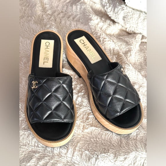 CHANEL Lambskin Quilted CC Wedge Sandals - Picture 7 of 14